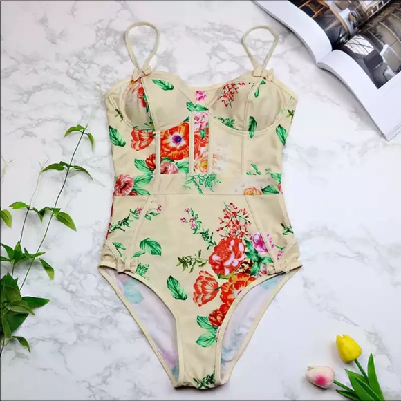 Ivory Floral One Piece Suit with Bow accents - Picture 2 of 8